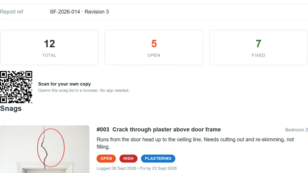 A report showing counts of total, open and fixed snags, and the QR code that opens a web copy