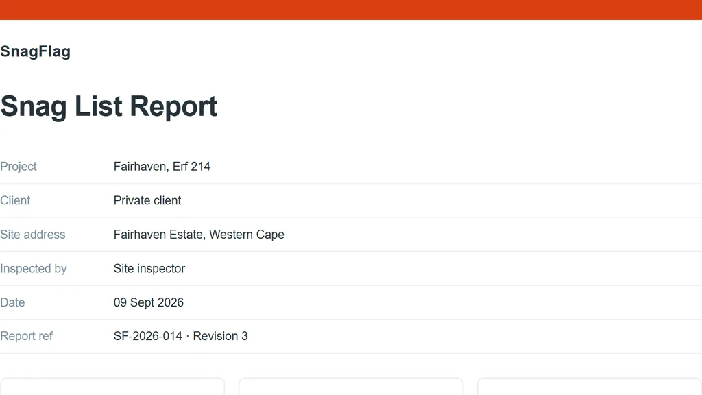 The cover of a SnagFlag report, headed Snag List Report with the project details beneath it