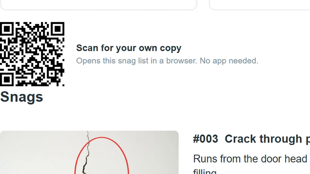 The QR code printed on every report, captioned scan for your own copy, opens this snag list in a browser