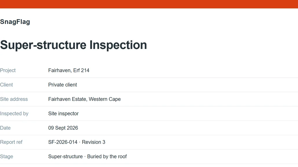 A report cover headed Super-structure Inspection, with a stage row reading buried by the roof