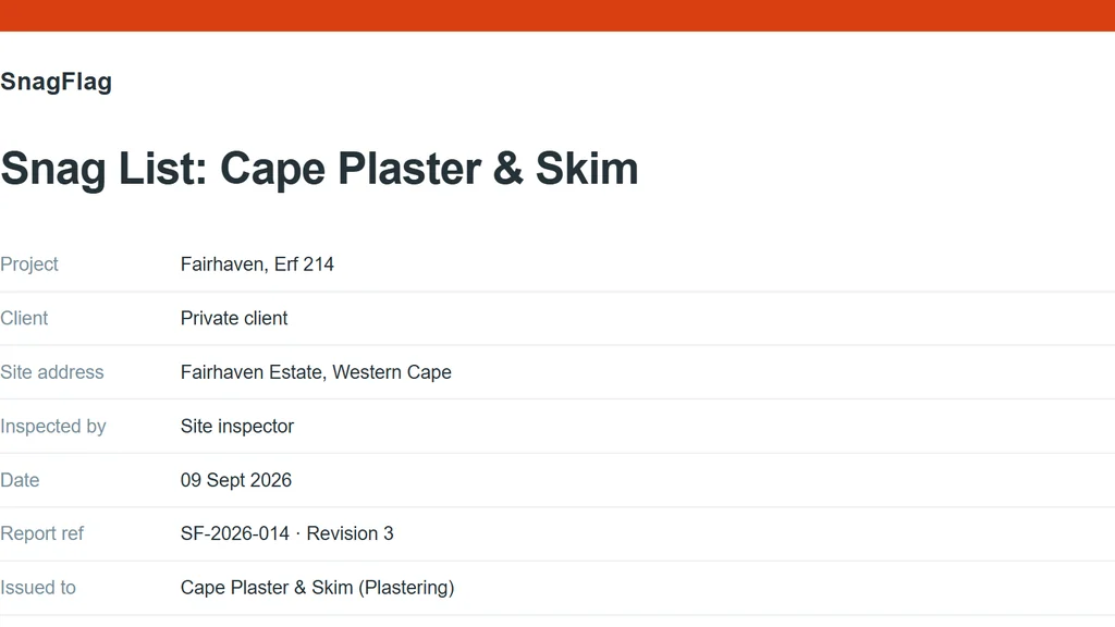A report cover addressed to one trade, headed Snag List: Cape Plaster and Skim, with an issued to row