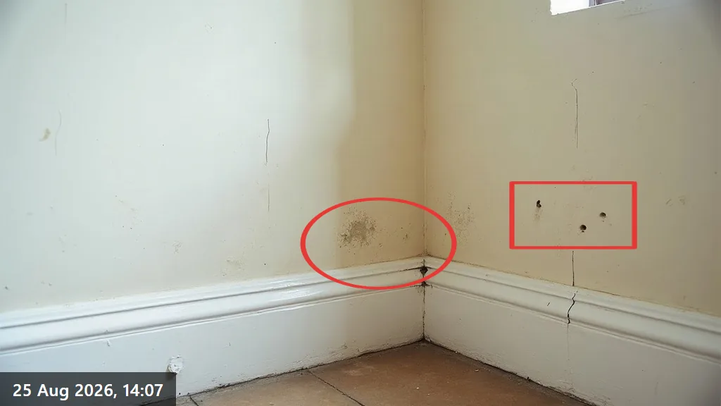 A damp stain in the corner of an empty rented room and picture-hook holes in the wall, circled and boxed in red