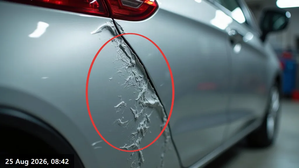 A deep scrape and dent along the rear quarter panel of a car in a workshop, circled in red the way the app marks up a photograph